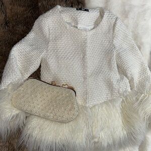 Elegant White Textured Jacket with Feather Trim
